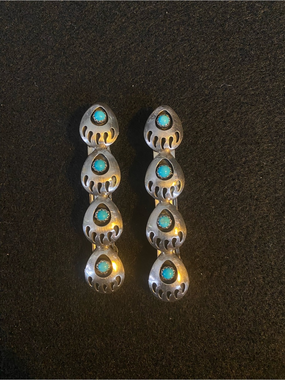 Stunning Navajo Sterling Silver & Inlaid Turquoise Bear Paw Barrettes 2.5” long